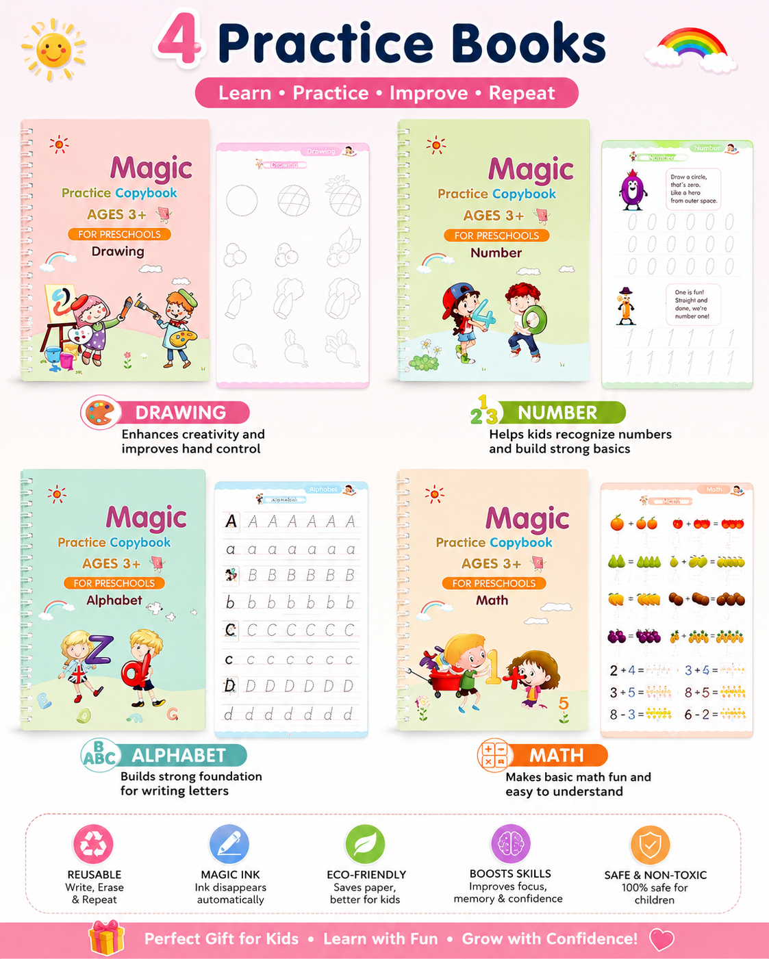 Smart Writing Practice Copybook Kit (4 Book + 1 Pen + 10 Refill + 1 Grip)